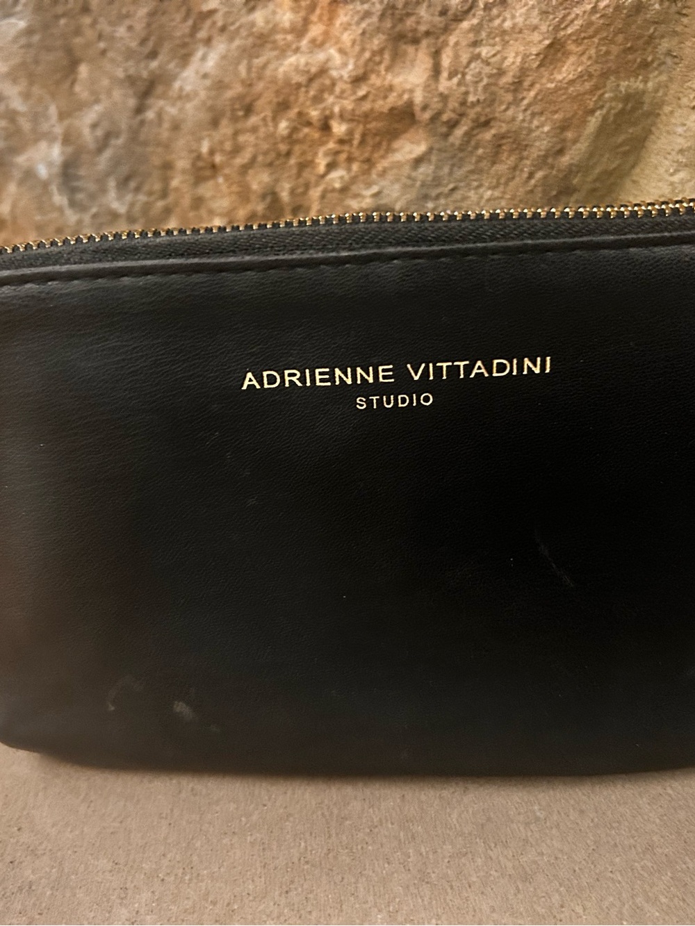 Adrienne Vittadini Black Leather Zip Toiletry Case with Gold Logo